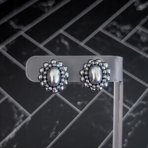 Vintage Clip On Earrings Silver-ish Blue Tone Cluster 0.75